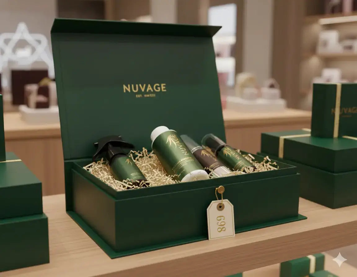 Pick 4 Items - Nuvage gift set in a green box with hair and skin products displayed elegantly.