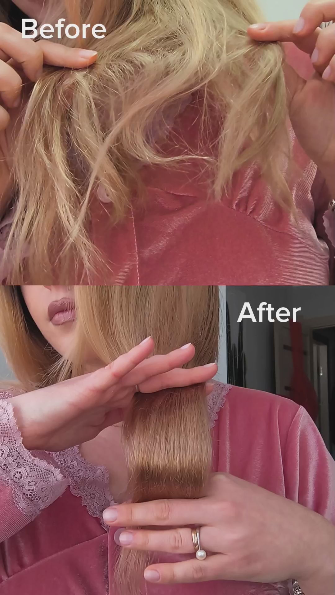 Before and after comparison showing the effect of Argan Oil Hair & Beard Treatment Pure Moroccan on frizzy hair.
